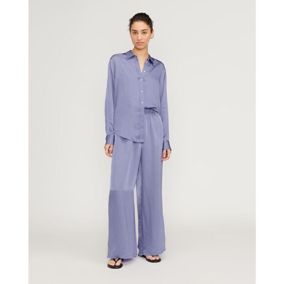 Everlane Blue High Rise Wide Leg Smocked The Satin Pull On Pant Small NWT - Picture 1 of 8